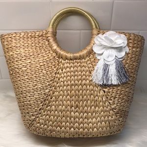 Circle Handle Straw Tote Handbag